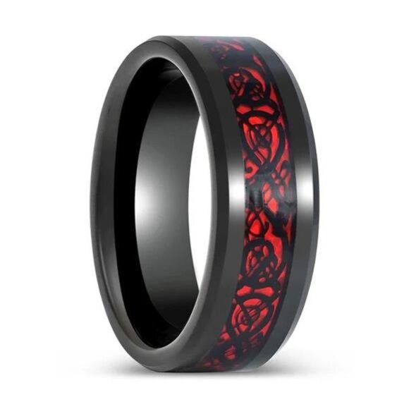 Men's Wedding Band Rings - Red Celtic Dragon Black Carbon Fiber - Wedding Rings - Picture 5 of 5